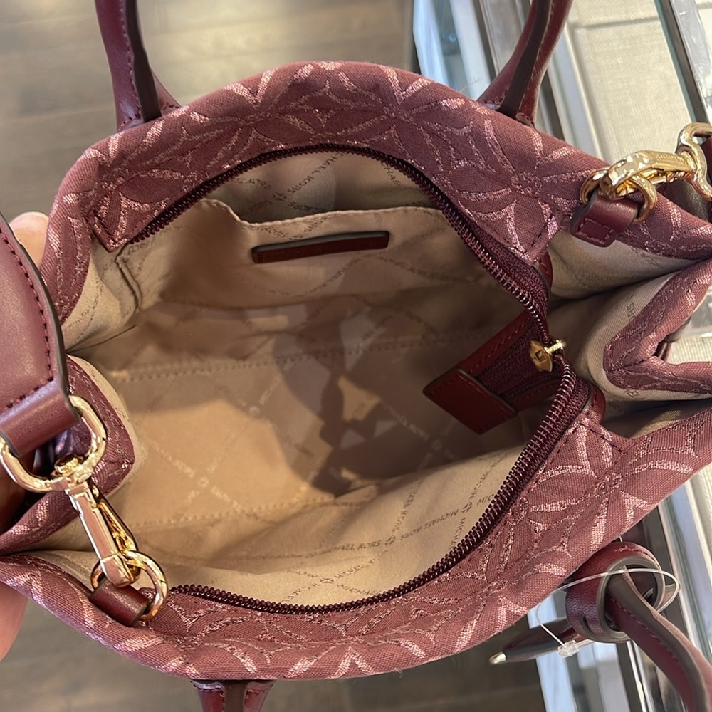 Michael Kors Mirella Small Metallic Logo Jacquard Crossbody Bag Oxblood Multi - Picture 12 of 16